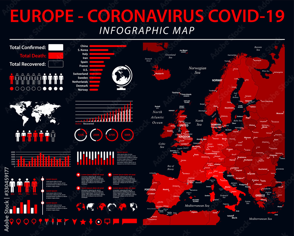 Obraz premium Europe Map - Coronavirus COVID-19 Infographic Vector