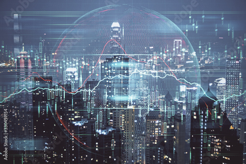 Double exposure of forex chart drawings over cityscape background. Concept of success.