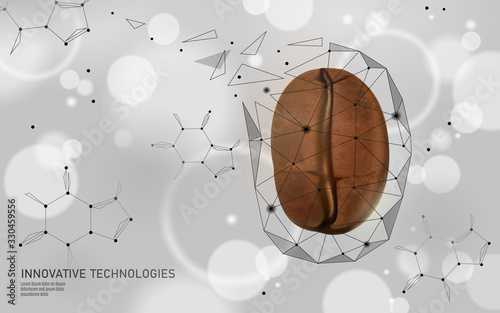 3D coffee bean realistic caffeine molecule. Low poly modern cafe processing symbol. Technology product caffeine free energy drink. Science research sign vector illustration