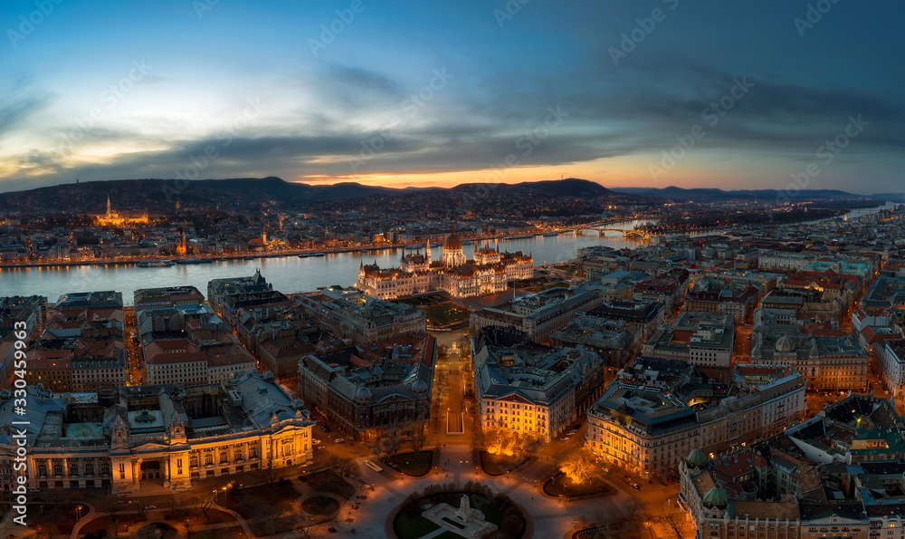 Europe Hungary Budapest Hungarian parliament building. Aerial cityscape. Budapest Parliament. Liberty squear. MTVA headquarter building