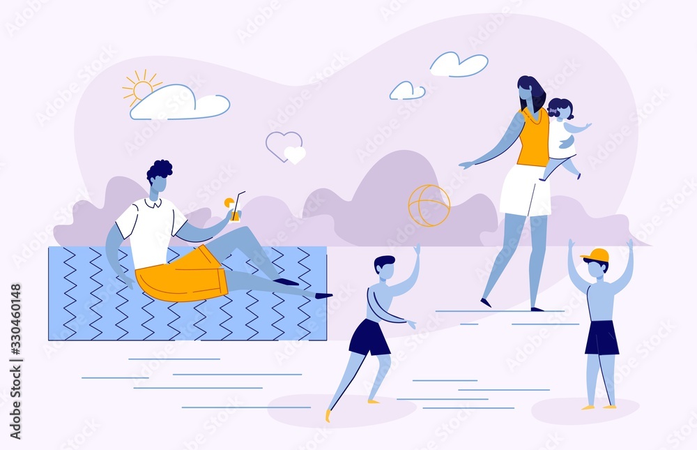 Big Family on Summer Beach Vacation, Holiday Time. Young guy, Father in Shorts and T-shirt Sits on Mat and Drinks Cocktail. Woman, Mother Holds Little Daughter in Dress. Eldest Sons Play Ball Big Family on Summer Beach Vacation, Holiday Time. Young guy, Father in Shorts and T-shirt Sits on Mat and Drinks Cocktail. Woman, Mother Holds Little Daughter in Dress. Eldest Sons Play Ball