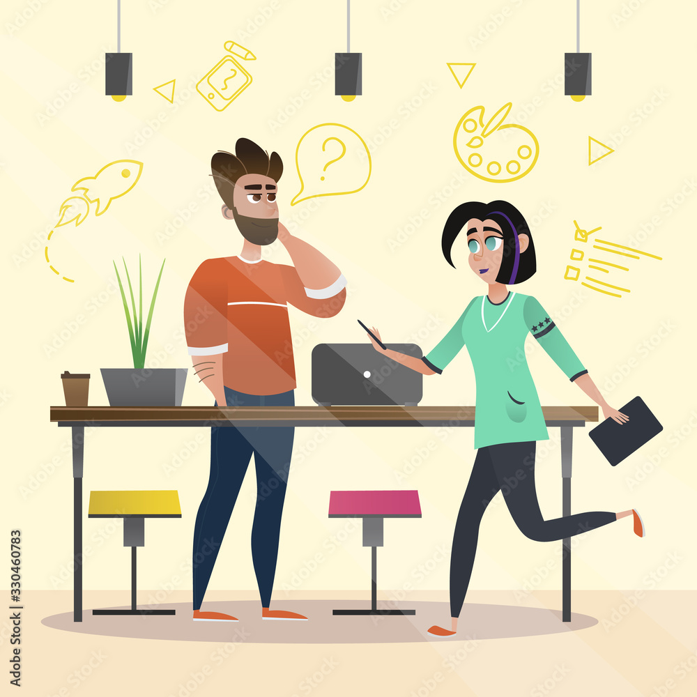 Bearded Man Designer in Office. Running Woman with Note Pad in Hand. Design Studio. Office Interior. Creative Designer. Creative Appearance. Graphic Developers. Vector Illustration. Teamwork. Bearded Man Designer in Office. Running Woman with Note Pad in Hand. Design Studio. Office Interior. Creative Designer. Creative Appearance. Graphic Developers. Vector Illustration. Teamwork.