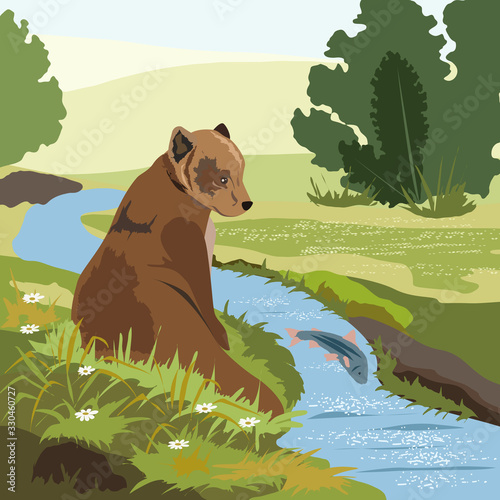 Bear catches fish in the spring
