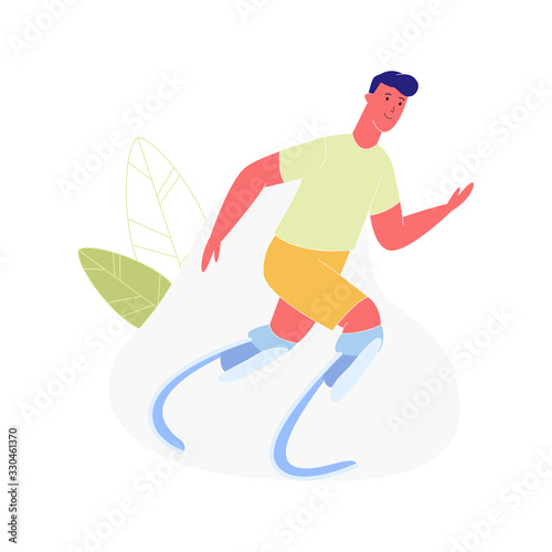 Active Amputee Man Training. Athlete with Legs Prosthesis, Disabled Character with Amputated Limbs, Soldier, Warrior Post Injury Rehabilitation, Recovery Exercise. Cartoon Flat Vector Illustration