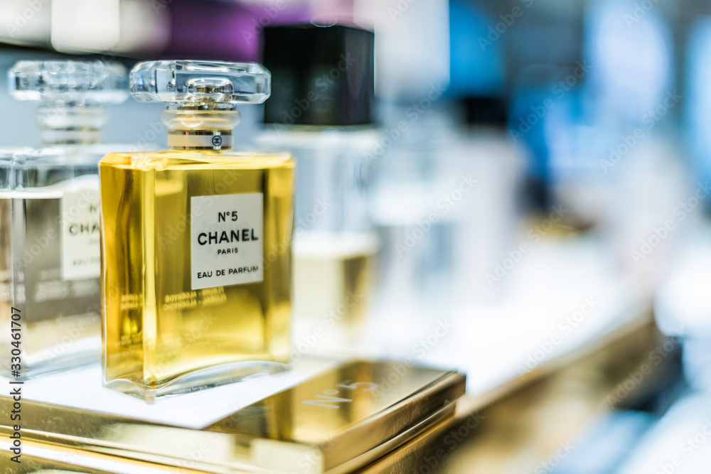 Bottles of Chanel No. 5 perfume on a store shelf Stock Photo