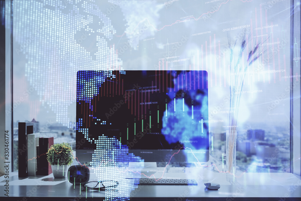 Stock market chart hologram drawn on personal computer background. Multi exposure. Concept of investment. Stock market chart hologram drawn on personal computer background. Multi exposure. Concept of investment.