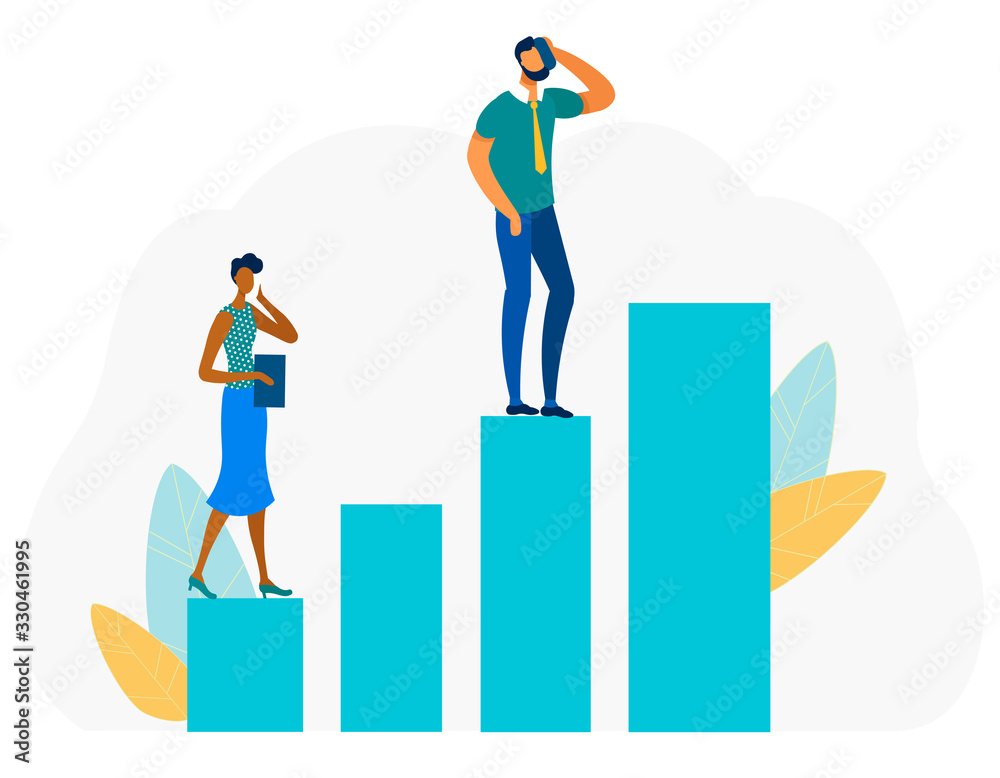 Busy Office People, Man and Woman Cartoon Characters Talking Phone and Going to Goal and Success through Financial Graphs and Charts Elements. Flat Vector Isolated Illustration in Floral Design