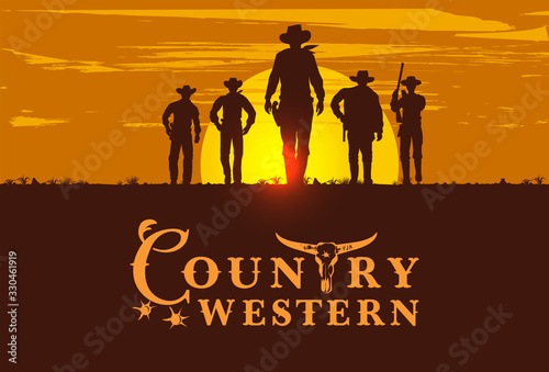 Silhouette of five cowboys walking forward, Vintage sign