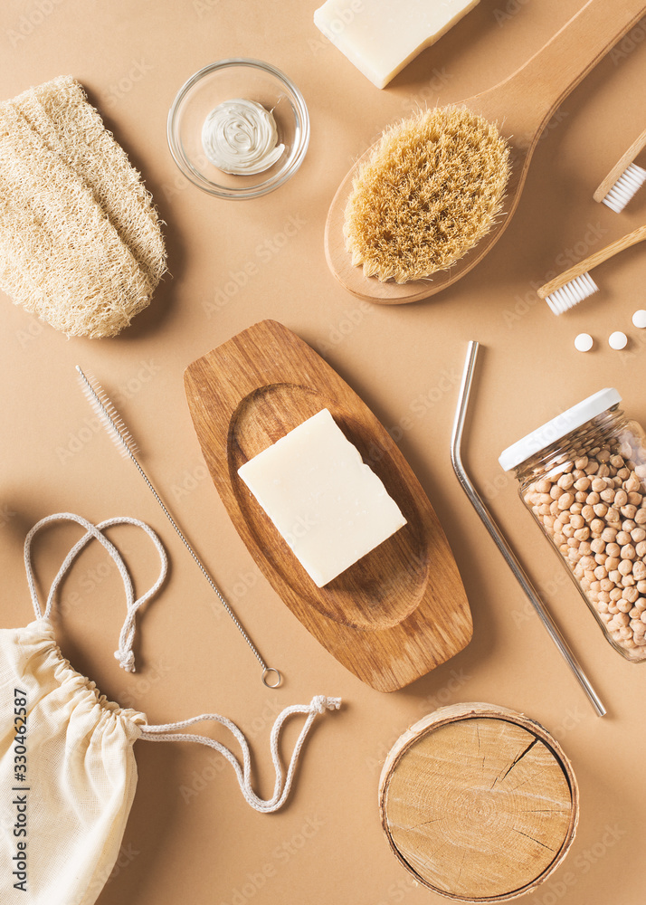 Bath natural accessories and skin care cosmetics, zero waste theme on beige background.