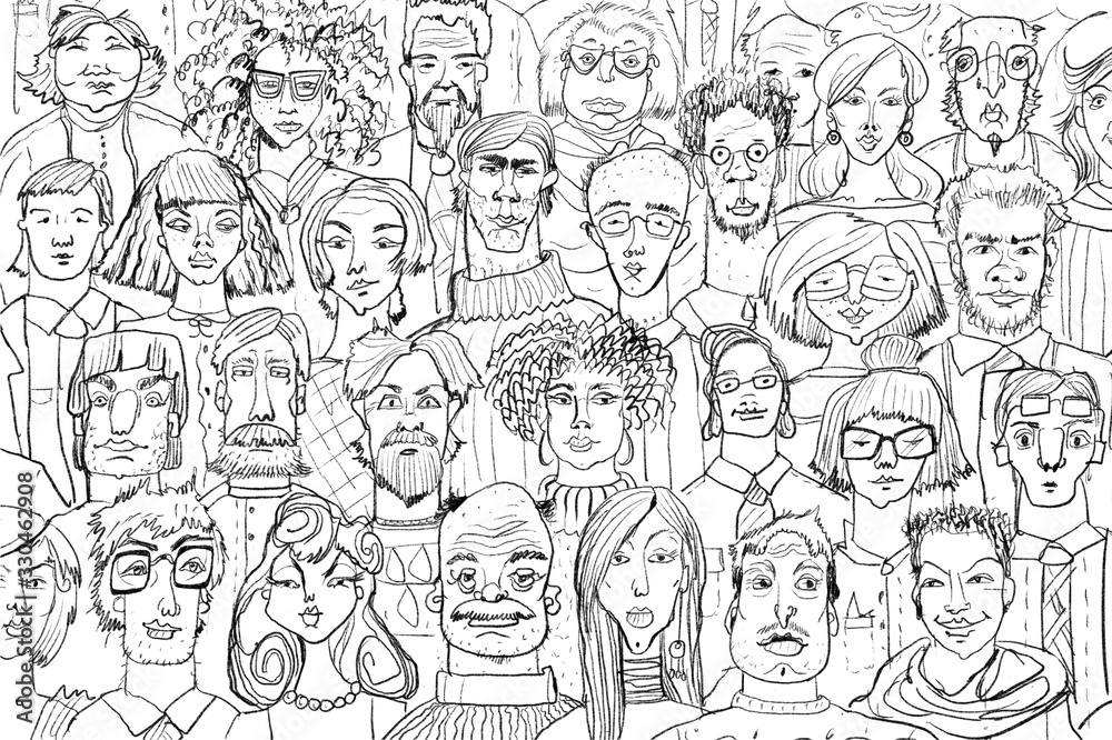 Sketch of many people faces, colleagues, family, neighbours, citizens Sketch of many people faces, colleagues, family, neighbours, citizens
