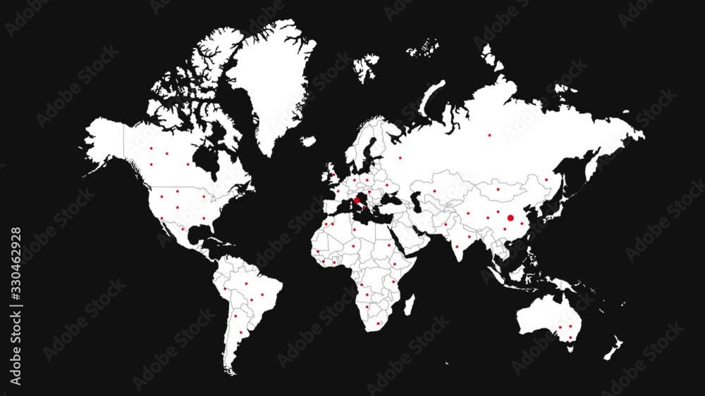 World map of the spread of coronavirus virus infection. Animated map with red circles appearing. 4K resolution. World map of the spread of coronavirus virus infection. Animated map with red circles appearing. 4K resolution.