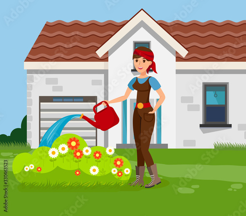 Gardening, Horticulture Flat Color Illustration. Young Woman in Headscarf Holding Watering Can, Pot Cartoon Character. Lady Gardener Watering Flower bed, Shrub. Garden Growth Hobby. Backyard Planting
