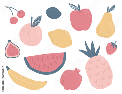 Fototapeta Naklejka Na Ścianę i Meble -  Fruit set in cute childish style. Pear, lemon, peach, cherry, strawberry, plum, apple, pineapple, fig, watermelon, pomegranate. Tropical food. Perfect for printing fabric, menu card or nursery 