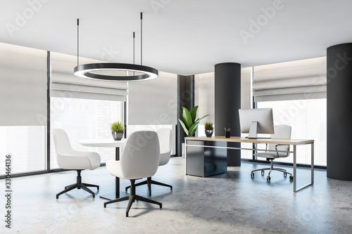 Gray CEO office with columns and round table