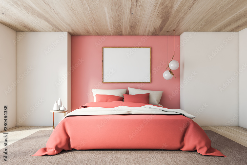 White and pink bedroom with horizontal poster - obrazy, fototapety, plakaty 