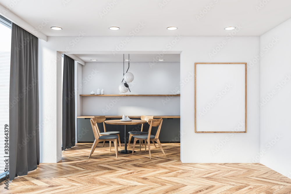 Panoramic white kitchen, round table and poster Panoramic white kitchen, round table and poster