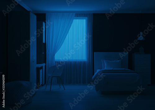 Cozy stylish bedroom designed for a teenager. Night. Evening lighting. 3D rendering.