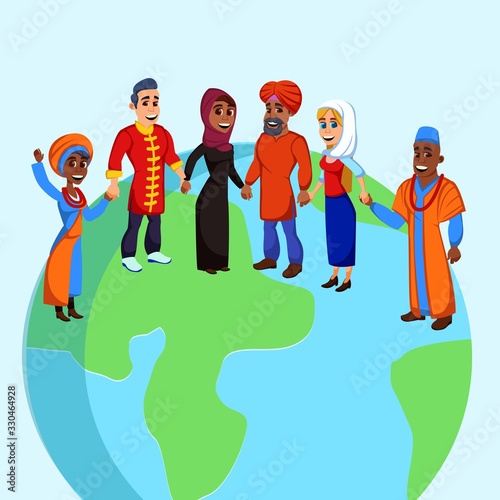 Group Six Multinational Adults, Representatives All Continents, Holding Hands and Smiling Happily, Standing on Terrestrial Globe as Symbol Unity, Peace and Love. Cute Cartoon Characters.