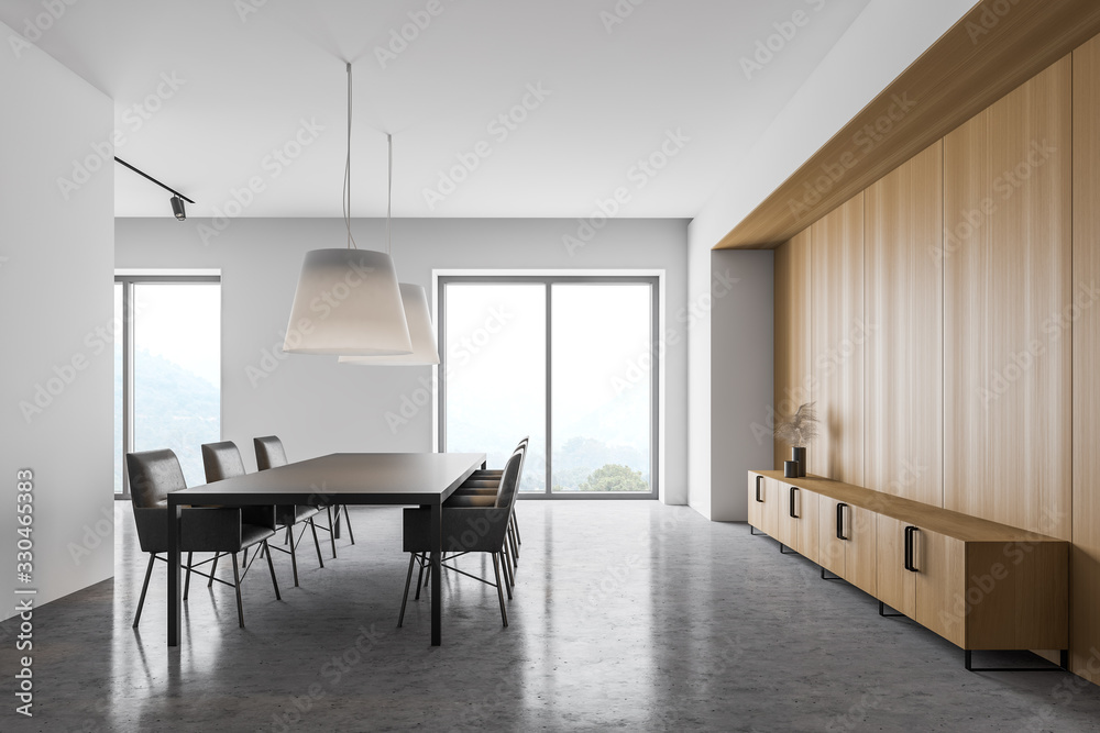 White and wooden dining room with cabinet White and wooden dining room with cabinet