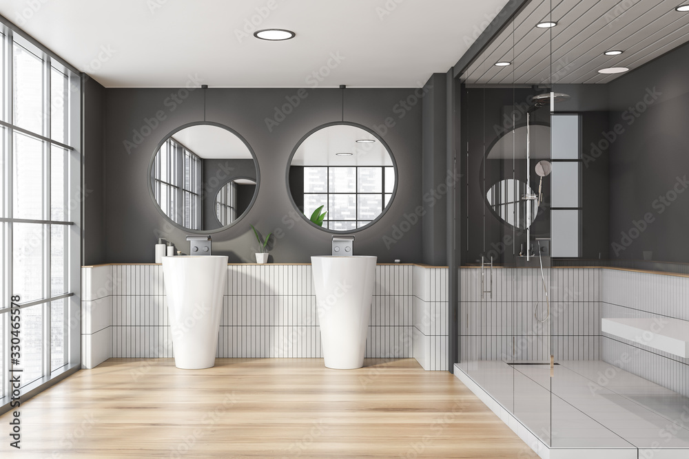 Fototapeta premium White and gray bathroom with sinks and shower