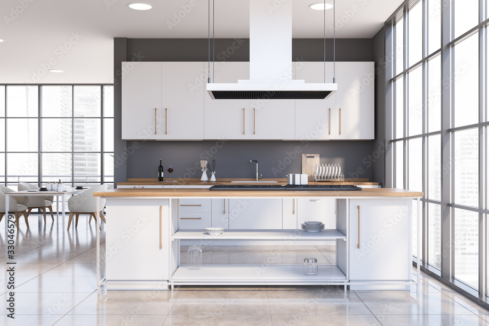 Panoramic gray kitchen with island and table Panoramic gray kitchen with island and table