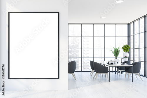 Panoramic white dining room interior with poster