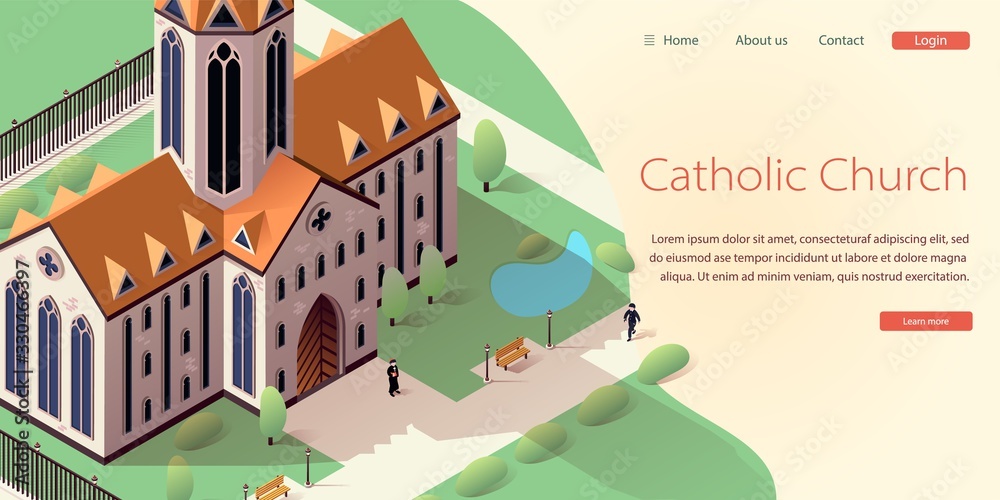 Catholic Church Isometric Landing Web Page, Banner. Cathedral Website, Template Homepage. Priest Standing near Ancient Building with Ennobled Territory and Pond. Man Walk Down Street