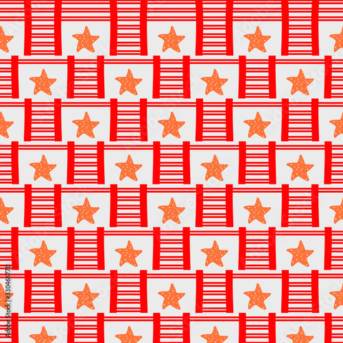 Seamless pattern with a geometric beach bag with red stripes and a starfish.Bright summer pattern for textiles.For beachwear.Vector illustration.