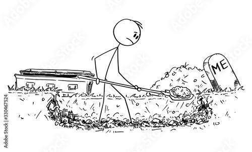 Vector cartoon stick figure drawing conceptual illustration of man digging his own grave.