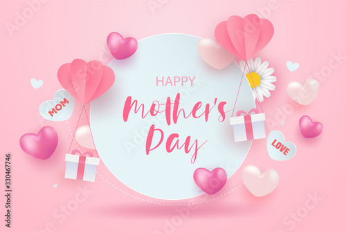 Happy mother's day sale banner design with realistic flowers , gift boxes and hearts on pink.