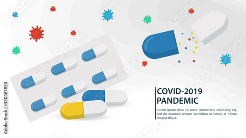 banner for design of COVID-2019 coronavirus pandemic 2019-nCoV medicine in capsules for treatment flat vector illustration