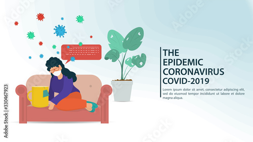banner for decoration COVID-2019 coronavirus pandemic 2019-nCoV little girl in a medical mask sitting on a sofa with a Cup of tea in quarantine flat vector illustration