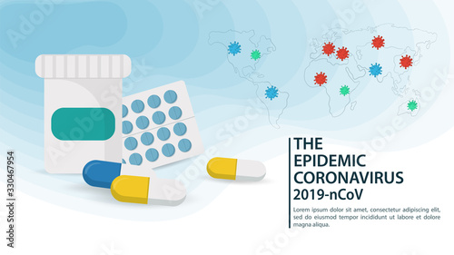 banner for the design of the COVID-2019 coronavirus pandemic 2019-nCoV medicine pill jar in capsules for treatment against the background of a world map with infection flat vector illustration