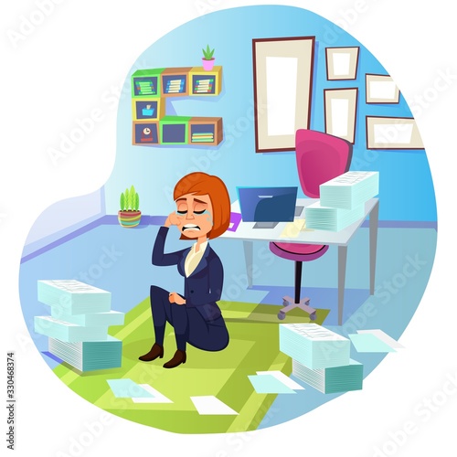 Mournful Businesswoman, Wiping Tears, Sitting on Office Floor, Up to Neck in Paperwork. Manager, Feeling Lost in Documents All Over Room. Cute Cartoon Worker, Unable to Cope with Problems.