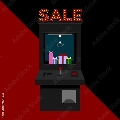 Black Friday e-commerce sale claw machine with surprise gift box on red and black background