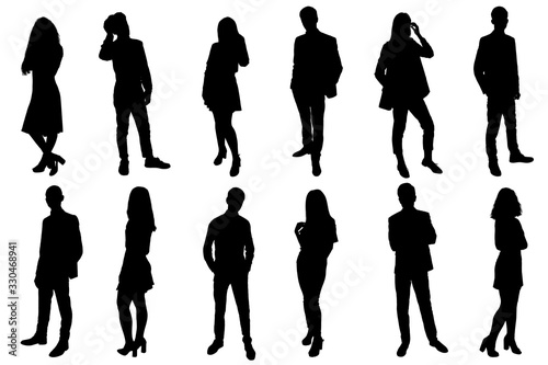Silhouettes of young people. Girls and boys in full growth. Black silhouette on a white background, contour-5
