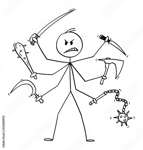 Vector cartoon stick figure drawing conceptual illustration of man with six arms holding cold weapons like sabre,ax,knife,club,sickle and flail.Concept of fight and violence.