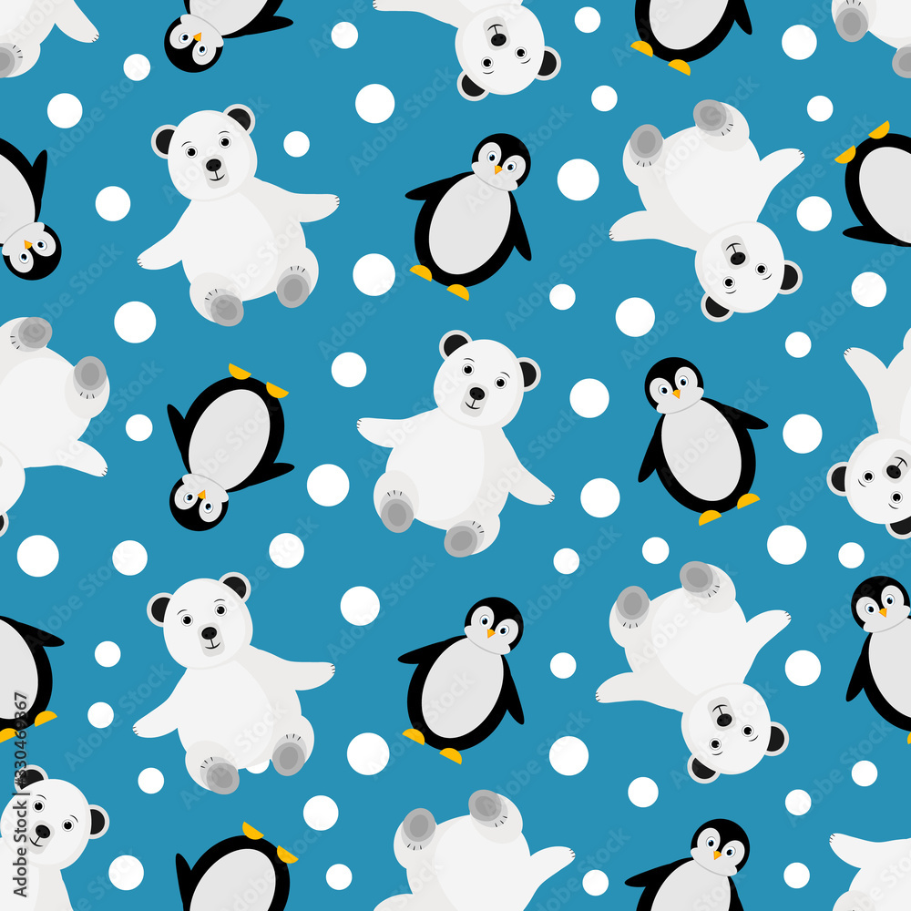 White bear and penguins pattern with falling snow. Childish pattern with white bear, penguins and snow. Winter pattern design