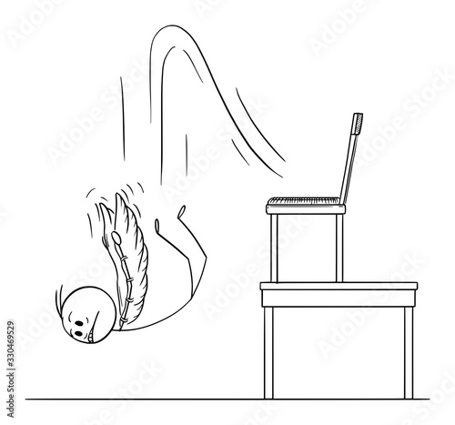 Vector cartoon stick figure drawing conceptual illustration of man or businessman trying to fly with wings but falling down. Business concept of success and failure.