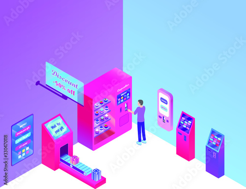 Vector trade center isometric design, person standing near pink self ordering kiosk , near gift ordering machine and atm machines