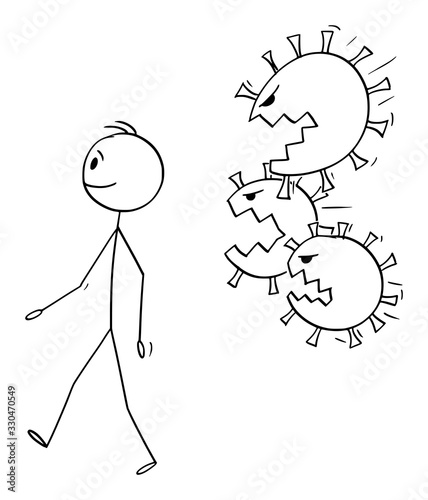 Vector cartoon stick figure drawing conceptual illustration of man walking unaware while Coronavirus or virus covid-19 is attacking him.