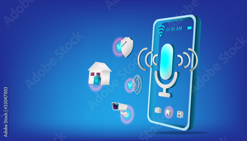Smart voice control concept. Isometric speaker on technology background. IOT Wireless connection controls system on smart home or city.
