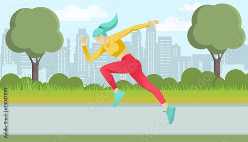 Cartoon Sports Girl Character Running Fast in Urban Park. Woman in Sportswear Training. Marathon Runner. Morning Exercising. Daily Jogging. Human Health. Active Life, Sport. Vector Flat Illustration
