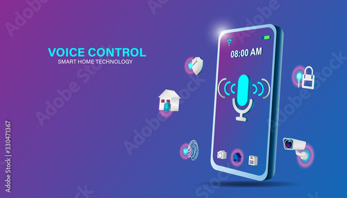 Smart voice control concept. Isometric smartphone and speaker icon on technology background. IOT Wireless connection controls system on smart home or city.