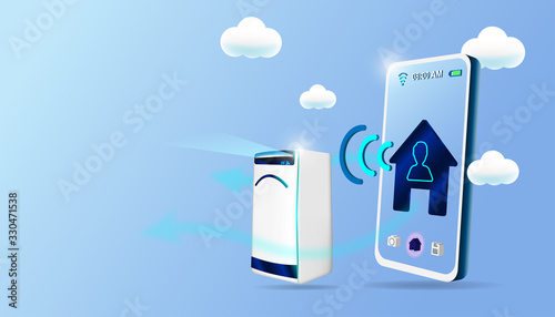 Smart air purifier concept. Smartphone and air filter machine on background. IOT Wireless connection system on smart home or city.