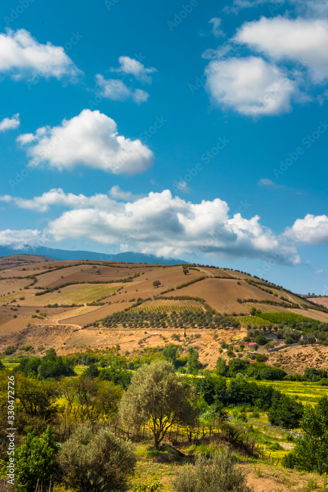 Naklejka premium Panoramic landscape of mountains and clouds and lovely field at foreground.