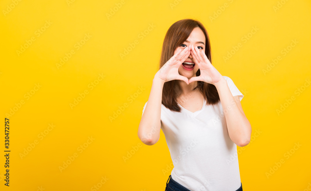 woman teen standing big shout out with hands next mouth giving excited positive woman teen standing big shout out with hands next mouth giving excited positive
