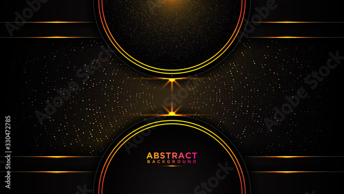 Dark abstract background black overlay layers. golden circle and shiny line glitter dots. dark 3d textured with wavy patterns. Layered paper decoration, gold light effect vector background.