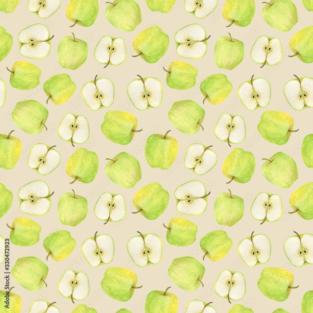 Watercolor seamless pattern. Apples on a beige background. Design for fabric, wallcovering, postcard, invitations, paper for scrapbooking or wrapping paper.