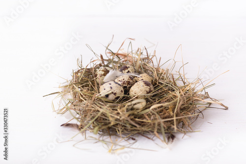 nest with quail eggs on white wooden background